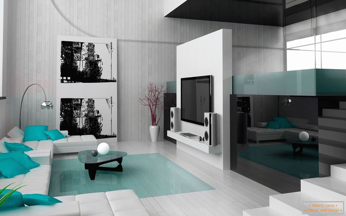 Дневна соба у црној и белој боји са тиркизним ентеријерима