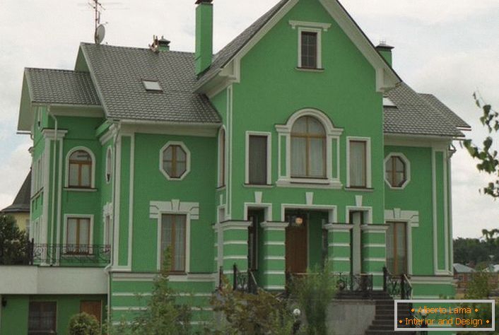 Зелени зидови украшени су штуцом према класичном стилу. Добра опција за украшавање сеоске куће.