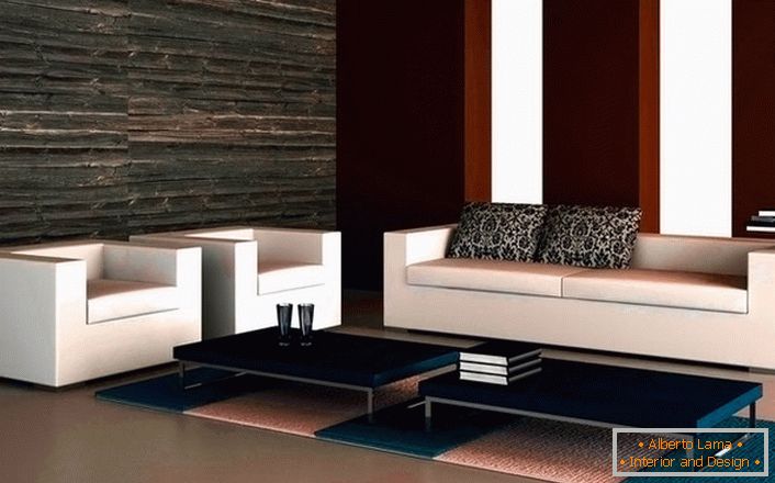 Дизајн пројекат дневне собе у високотехнолошком стилу. Лагонска софа са две фотеље хармонично изгледају у минималистичком стилу. 