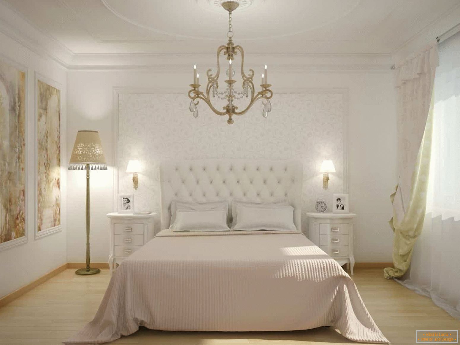 Класична бела спаваћа соба са панелом на зиду