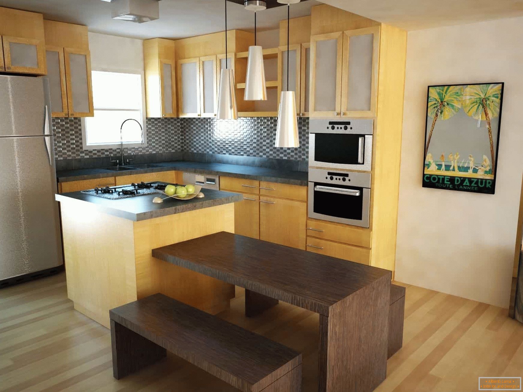 Угао кухиња са прозором са столом и клупама у еколошком стилу