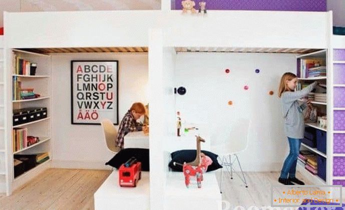 Дечија соба за децу различитих полова, подељена у два простора