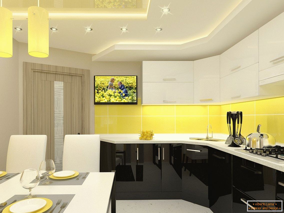Жута кухиња и бели намештај