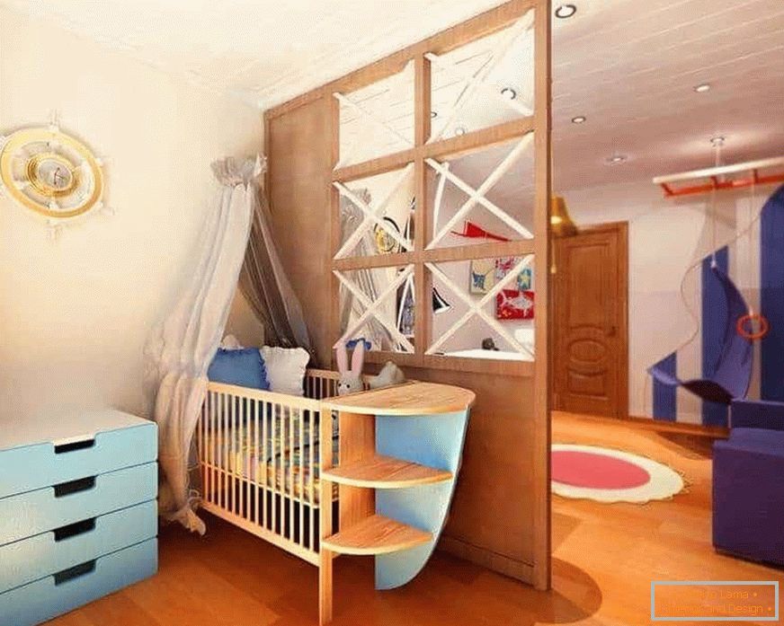 Дрвена преграда у једној просторији дневне собе и дечије собе