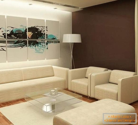 Дизајн модерне дневне собе у приватној кући са бијелим тапацираним намештајем