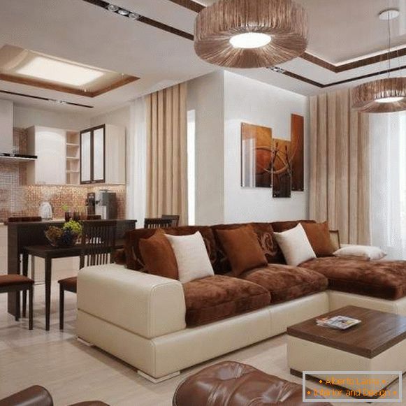 Модеран дизајн дневне собе у приватној кући у бијелој и смеђој боји