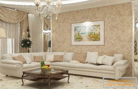 Класичан дизајн дневне собе у приватној кући у белој и беж боје