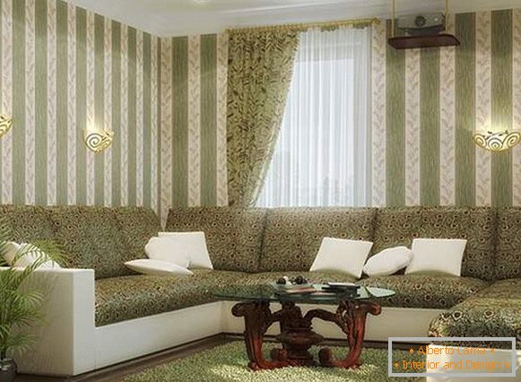 Дизајн дневне собе у приватној кући у белој и зеленој боји