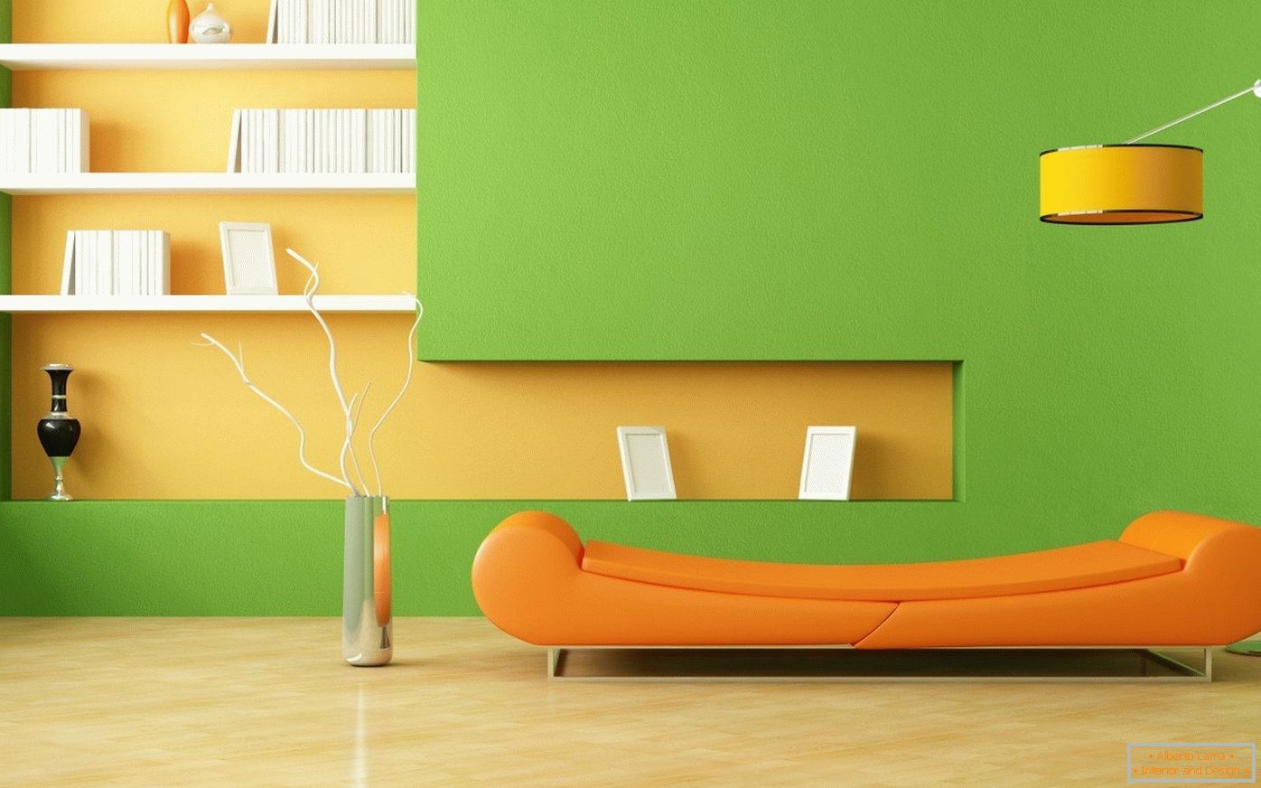 Наранџасти софа и зелени зидови