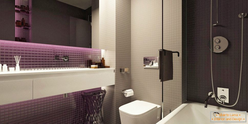 Пурпурни акценти у дизајну малог купатила