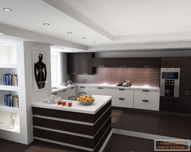 Два нивоа плафона у кухињи у високотехнолошком стилу