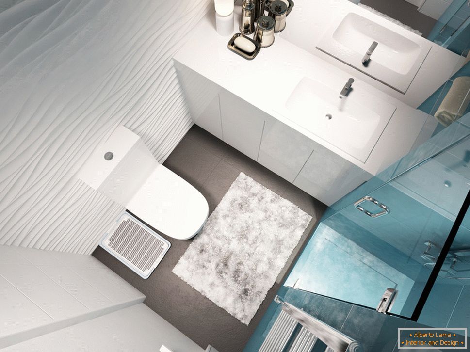 Дизајн купатила у бијелим и плавим тоновима