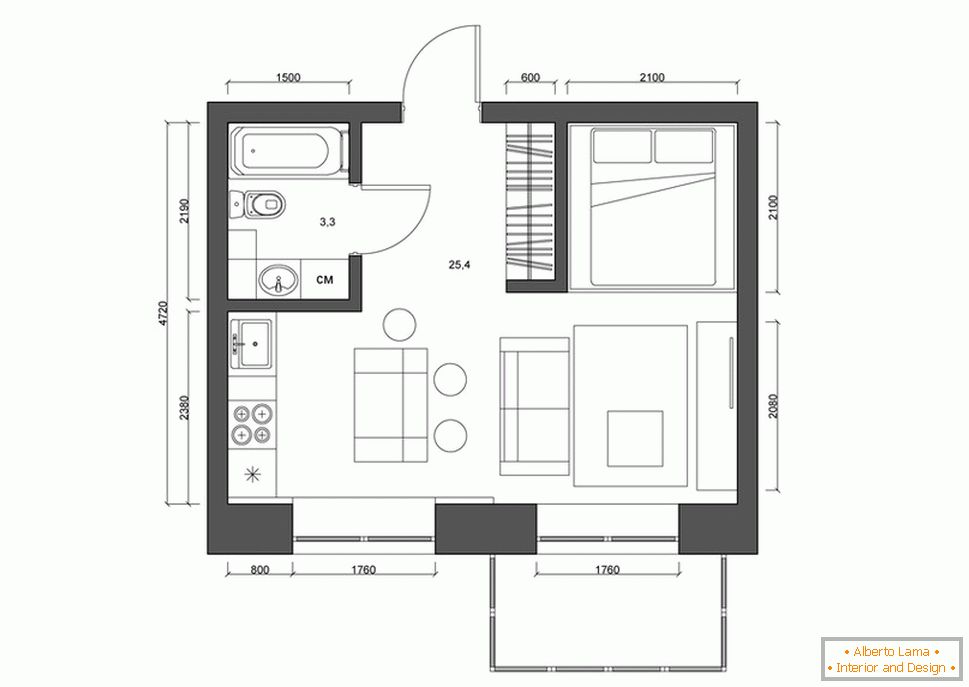Распоред апартмана 30 квадратних метара. м црно-бело