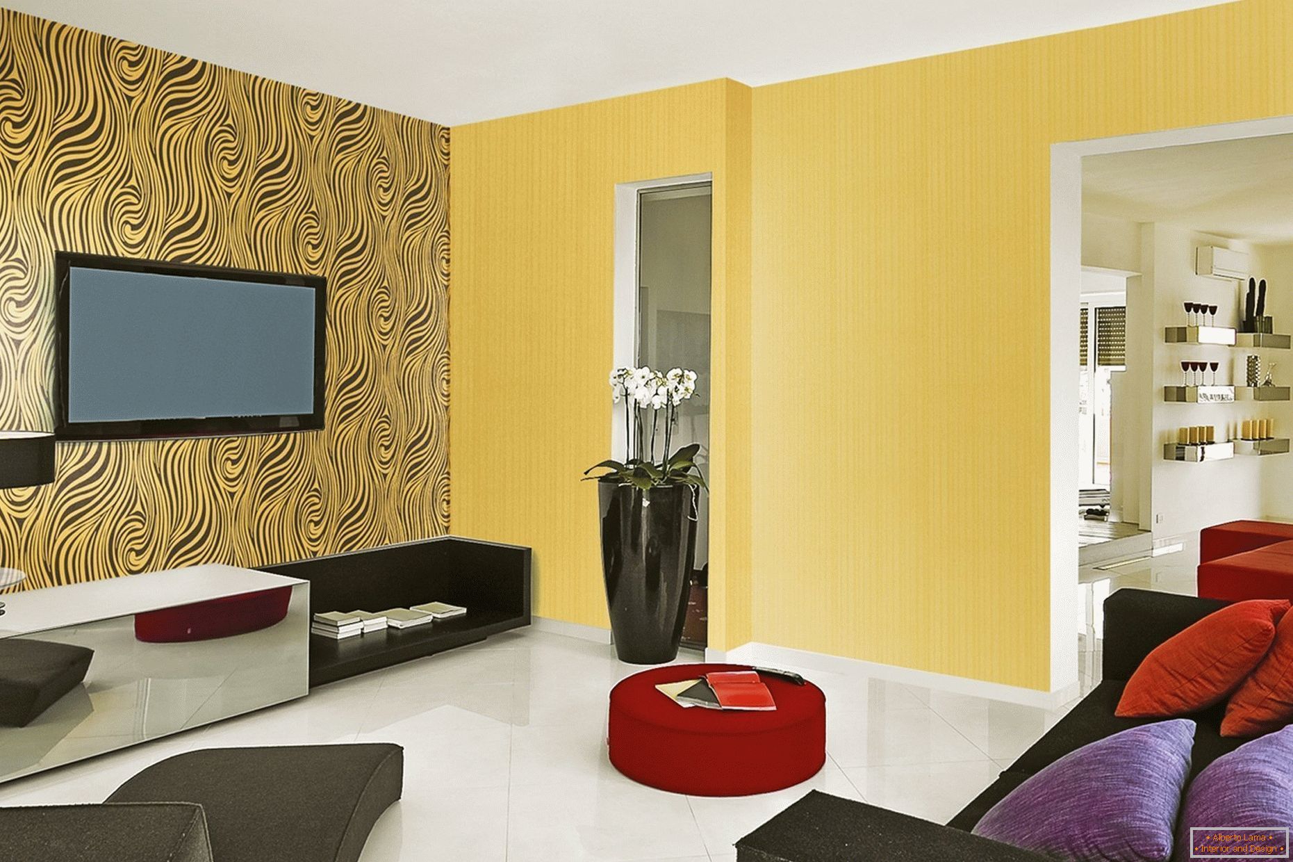 Жути зидови и бели спрат у дневној соби