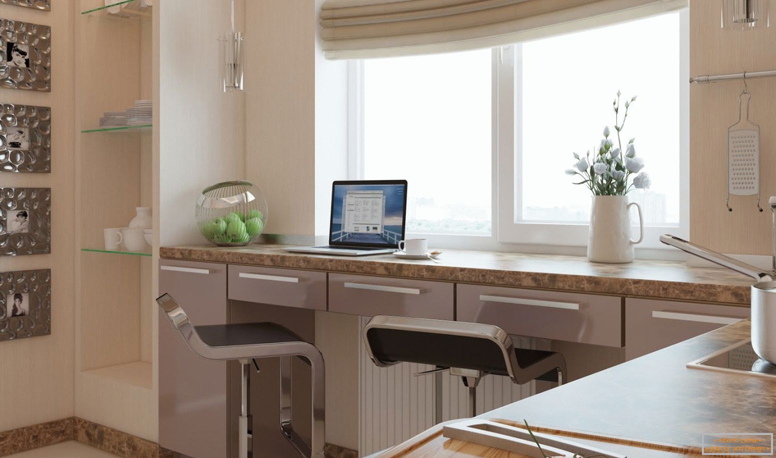Радни простор у кухињи, у комбинацији са прозорским полугом