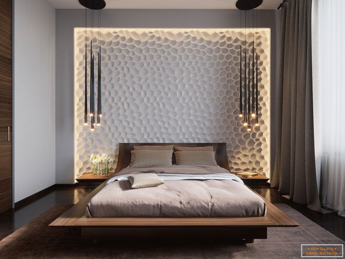 3Д панели на зиду спаваће собе са осветљењем