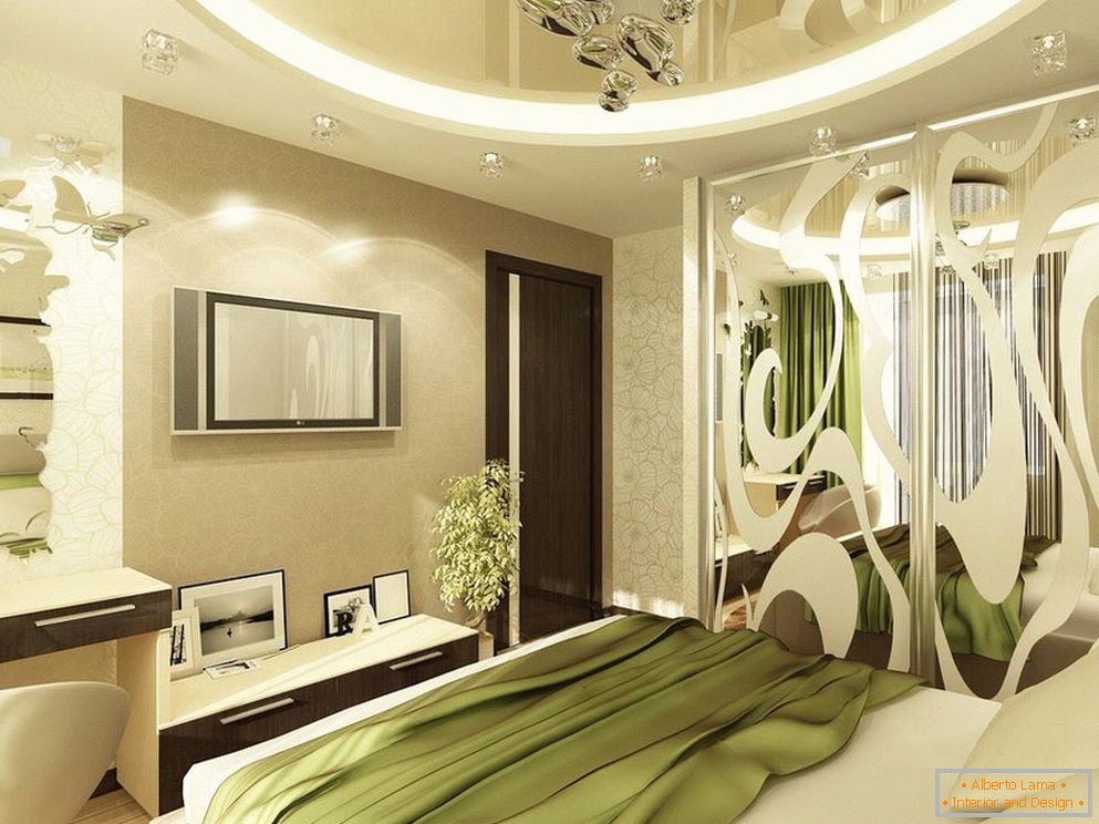 Унутрашњост спаваће собе у зеленим и светлим бежним тоновима