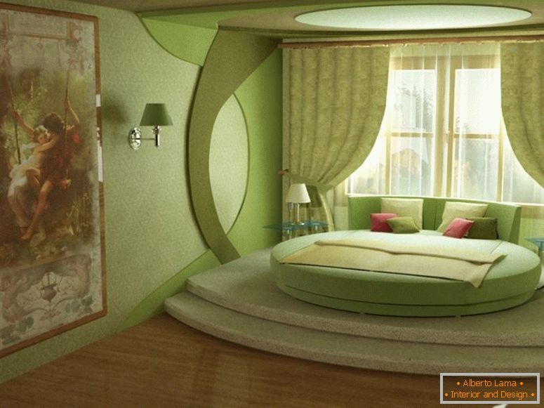 Зелена спаваћа соба са округлим креветом