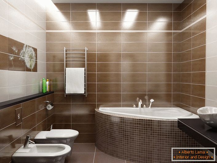 За декор купатила у модерном стилу коришћен је панел са маслачаком. Лаки, једноставни детаљи ентеријера у модерном стилу. 