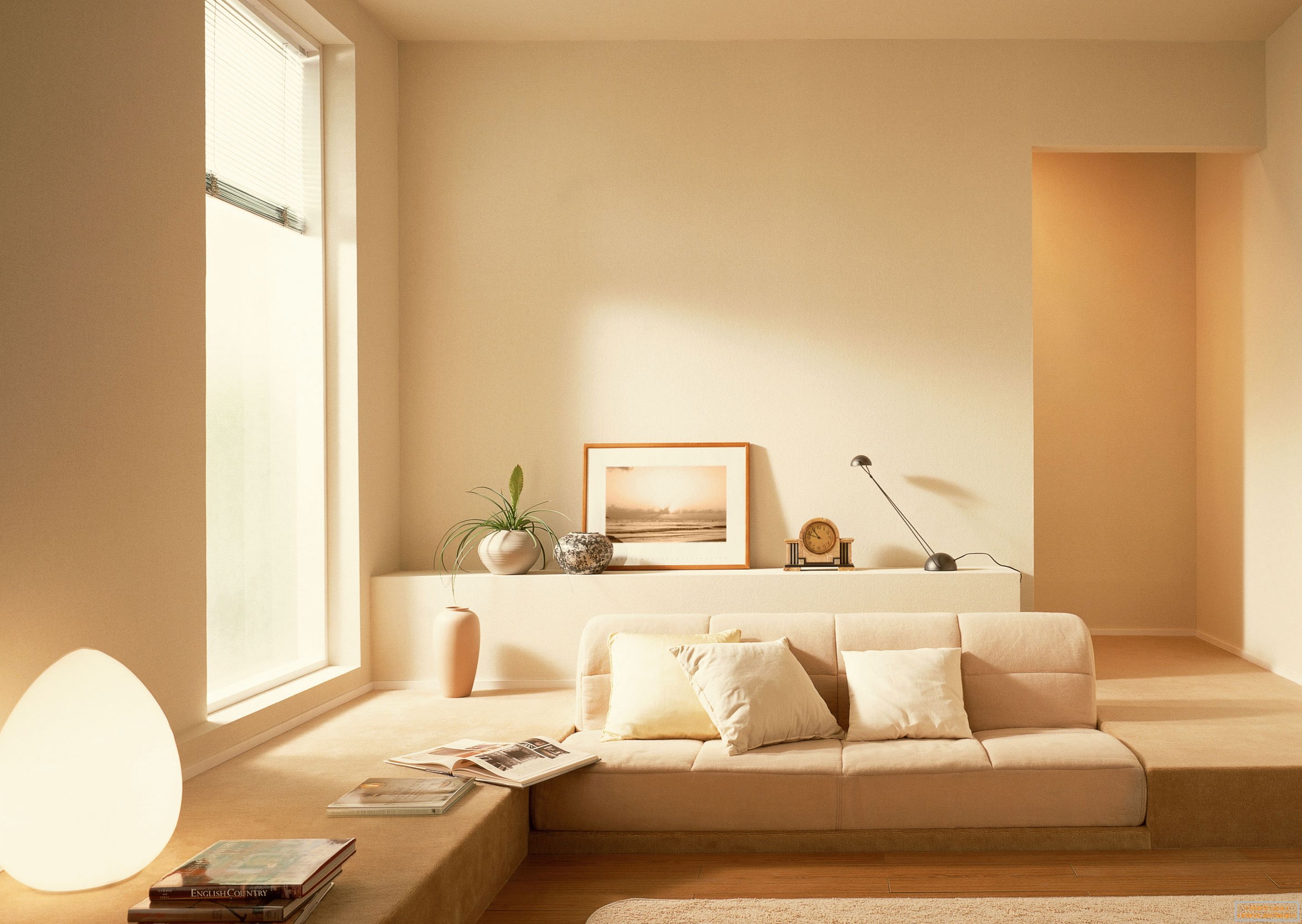 У складу са стилом минимализма, за организовање ентеријера дневне собе користи се мирна беж боје.