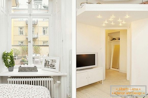 Унутрашњост удобне спаваће собе и дневног боравка у Шведској