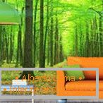 Наранџасти софа на зеленој позадини шума