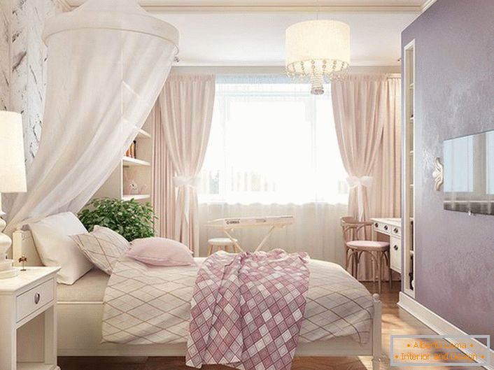 Соба за малу принцезу. Балдахин израђен од бијелог свјетла, прозирне тканине учинио је угодан дјечији сан.