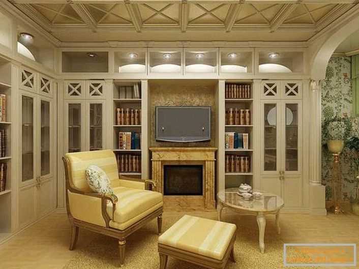 Светла гостињска соба у стилу државе са правилно одабраним осветљењем. У унутрашњости, у најбољим традицијама земље, користе се елементи од дрвета.