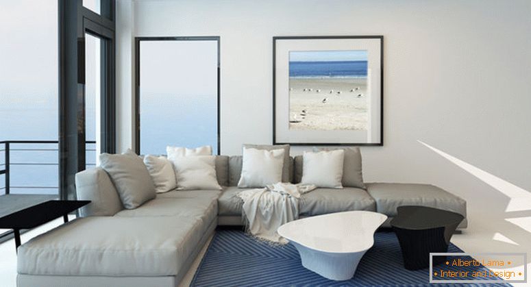 Савремени дневни боравак са дневним боравком с изузетно светлом пространом ентеријером са удобним модерним тапацираним сивим апартманом, уметношћу на зиду и великим панорамским погледом на један зид са погледом на океан