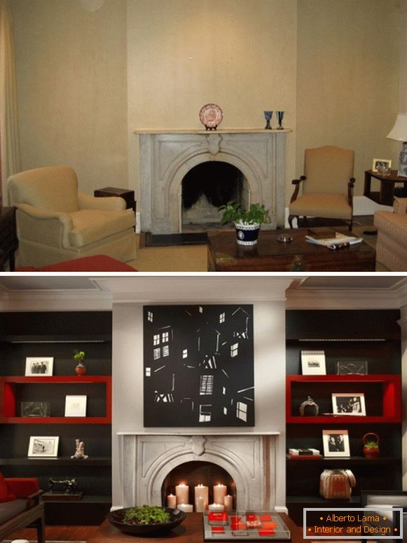 Дизајн дневне собе са камином пре и после