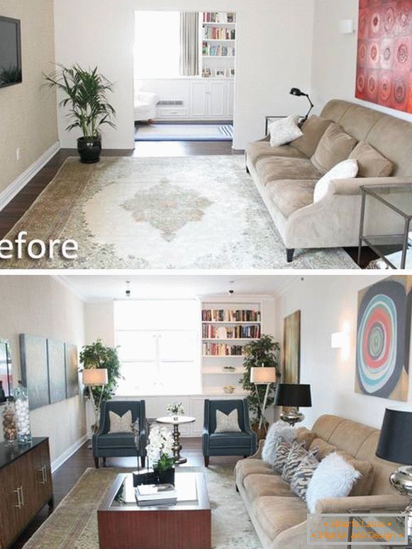 Фотографија дневне собе у приватној кући пре и после