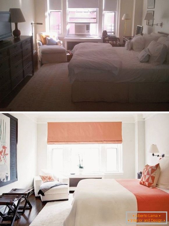 Нови светли дизајн спаваће собе пре и после фотографије