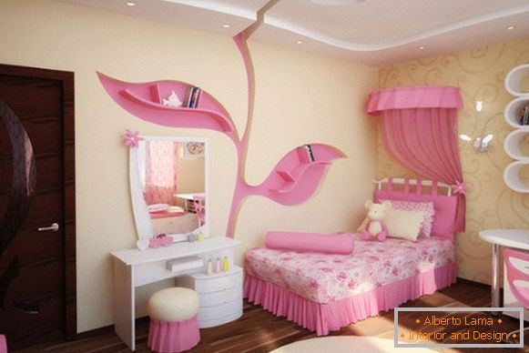 Унутрашњост дечије собе за девојку у жутом и розе тону