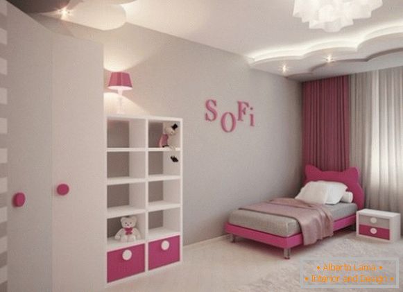просторный серо-розовый унутрашњост дечије спаваће собе