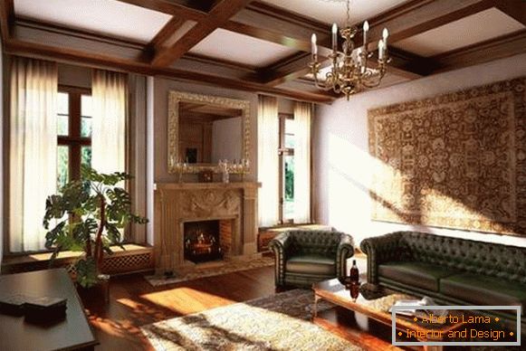 Унутрашњост дневне собе са камином у приватној кући - класични стил