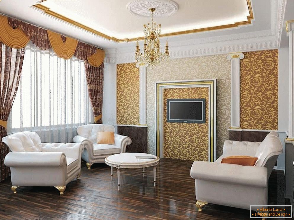 Завесе у дизајну дневне собе у класичном стилу