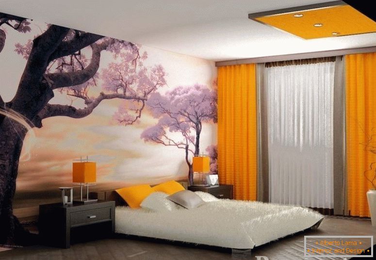 Фото позадине сакура и наранџасте завесе у спаваћој соби