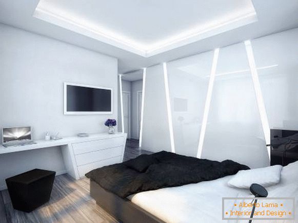 Футуристички ентеријер спаваће собе у високотехнолошком стилу