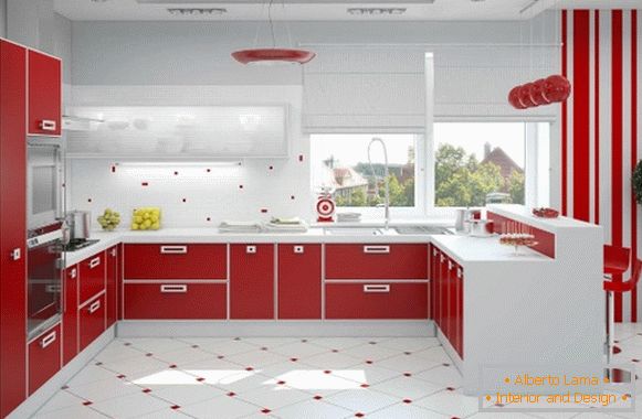 Дизајн црвене беле кухиње фото 12
