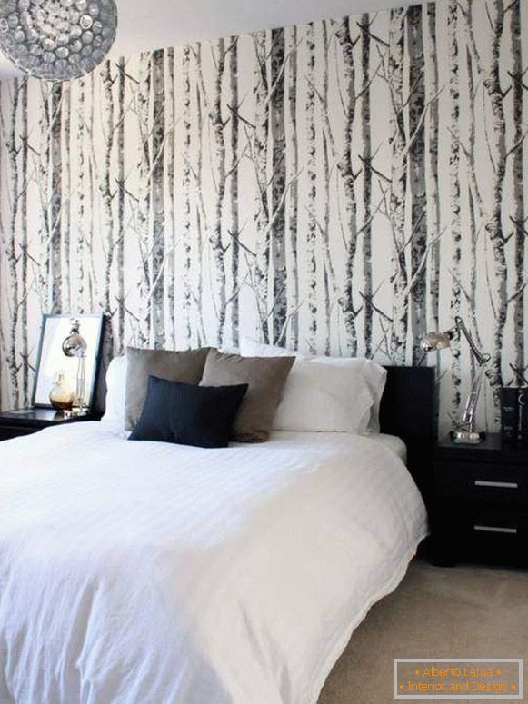 Црно-бела позадина у спаваћој соби - шума за дизајн фотографија