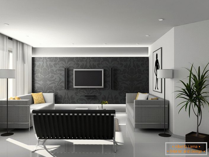 У дизајну соба за госте у хи-тецх стилу, користе се претежно стриктни геометријски облици и нијансе сиве боје.