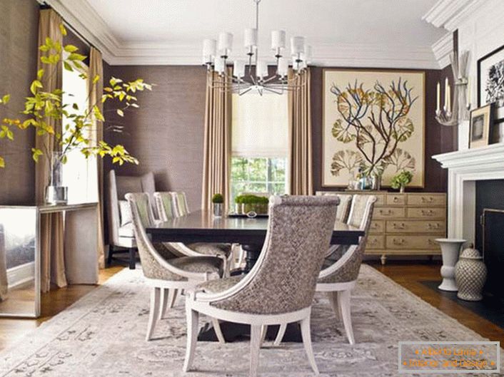 Дневна соба у неокласичном стилу. Ентеријер елегантно комбинује једноставност, скромност и елеганцију.