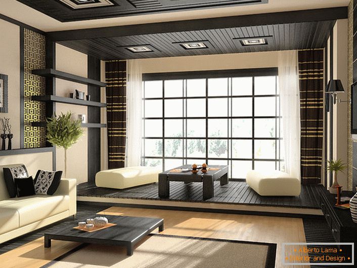Лацонизам, једноставност, карактеристичне боје и декор јапанског стила у унутрашњости дневне собе.