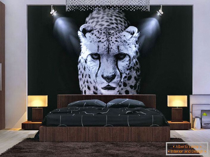 Добро дизајнирано решење за спаваћу собу. Осветљена плоча са леопардом у средини укупне композиције.