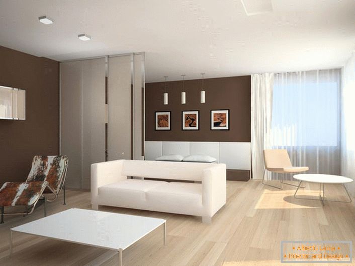 Минималан намештај и декоративни елементи визуелно увећавају дневну собу. 