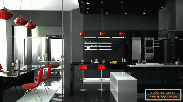 Елегантна студијска соба са оригиналним високотехнолошким намештајем. Црвена боја увек изгледа на црној и белој позадини унутрашњости.