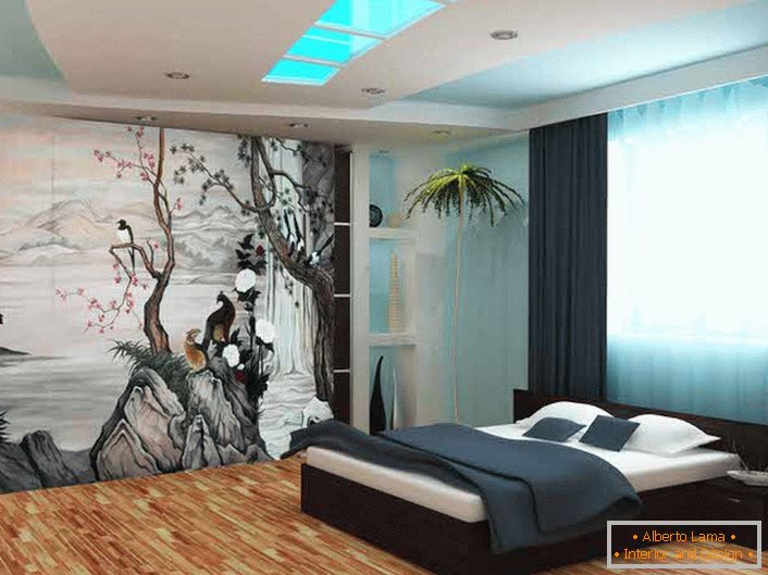 За украшавање зидова спаваће собе у стилу јапанског минимализма коришћена је тапета са штампом фотографија. Тематско цртеж чини композицију оригиналном и комплетном.