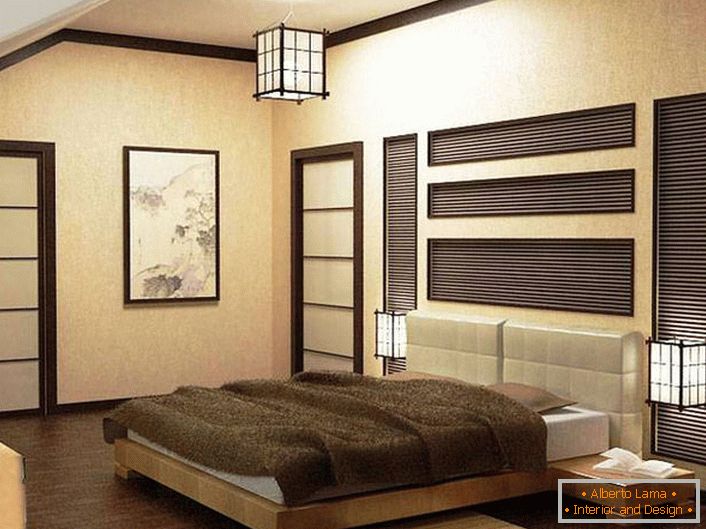 Спаваћа соба у стилу јапанског минимализма украшена је беж и смеђим тоновима. Пажња се привлачи уређаји за осветљење. Плафонски лустери се израђују у једном дизајну с лампама за ноћење. 