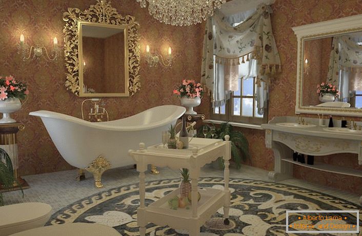 Дизајн пројекат за стилско купатило у стилу Емпире. Одлично купатило на четири потконструиране, златне ноге, огледало у резбареном раму, лустери од каменог кристала савршено одговарају.