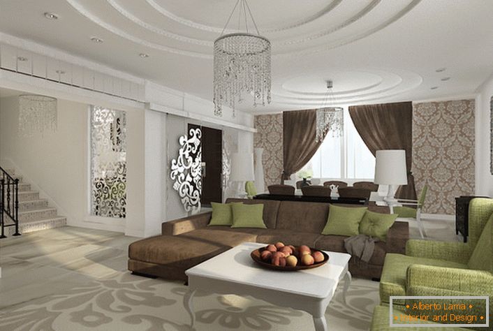 Луксузна дневна соба у стилу Емпире. Вишеслојни плафони краси добро одабрано расвјету.